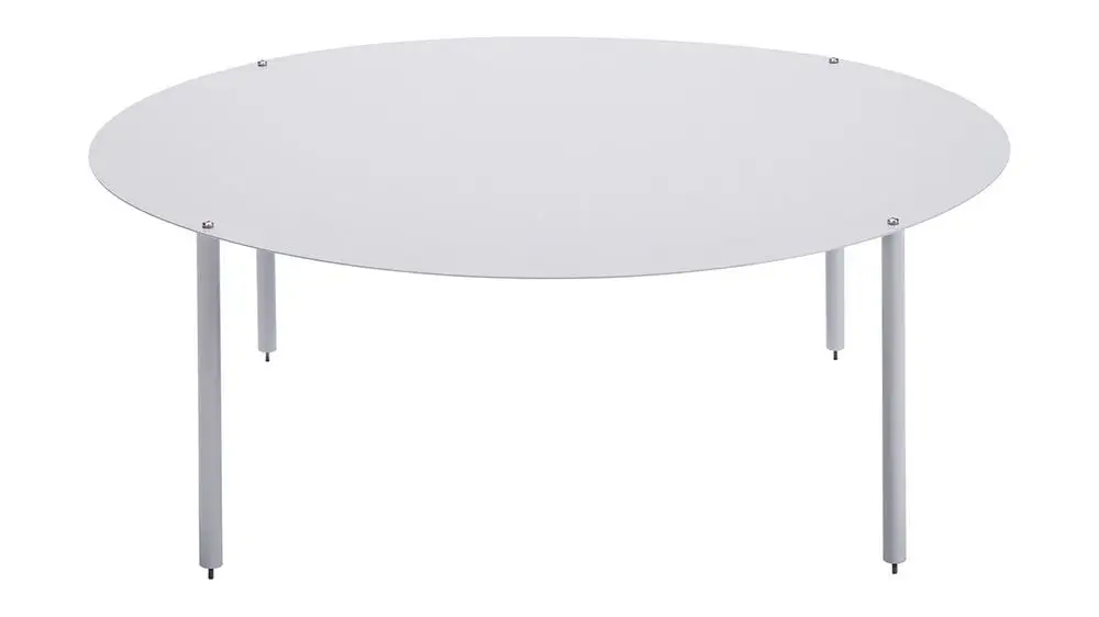 Weiße, runde Tischplatte aus Glas mit metallenen Füßen. Das klare Design eignet sich gut für moderne Einrichtungen. Hersteller: Vaillant.